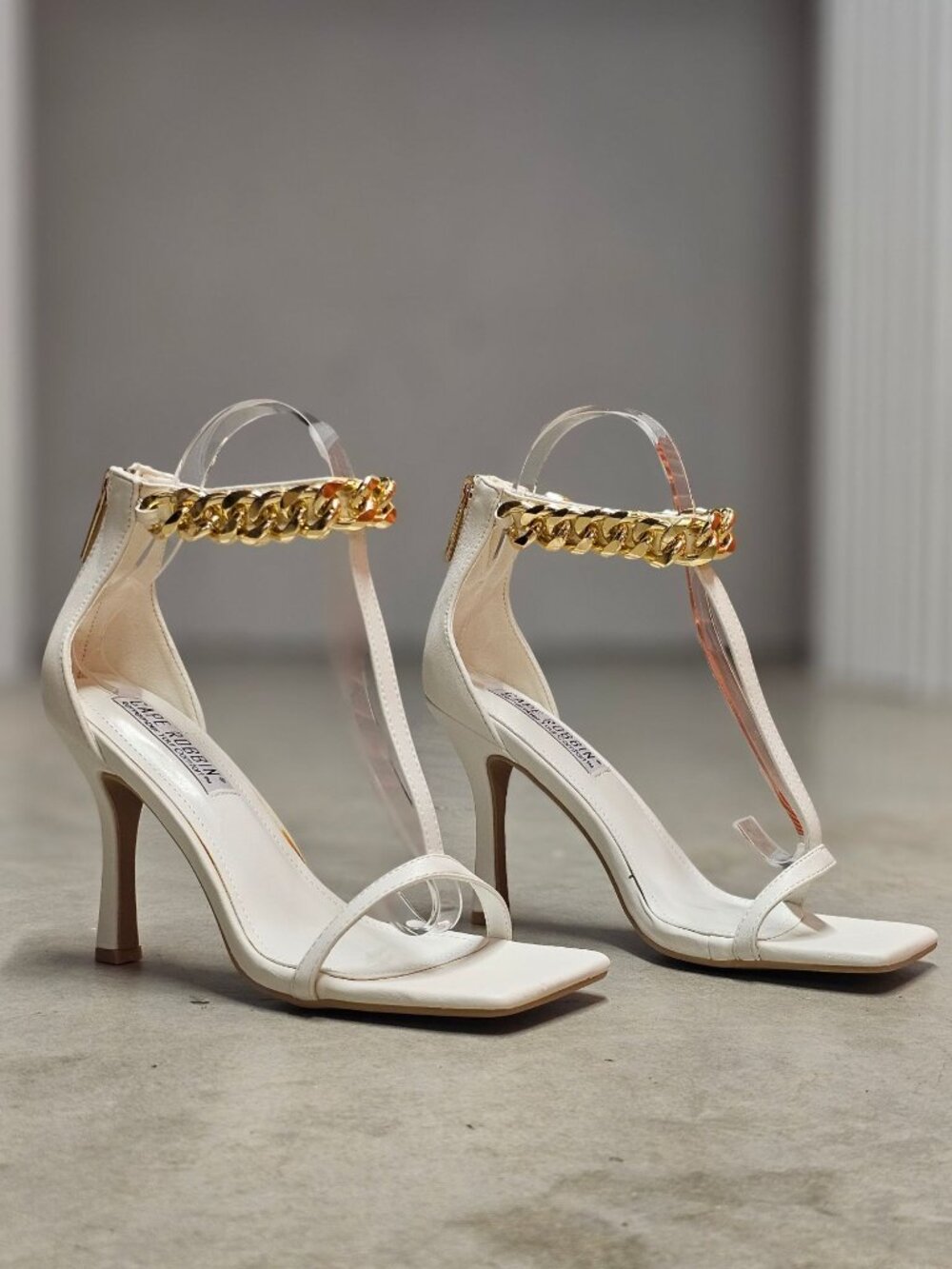 Gold Chain Ankle Strap White High Heel Sandals With Square Toe Stiletto Heel Chi